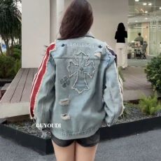 批发复古风水洗蓝拼接牛仔外套男女秋十字架刺绣夹克美式条纹痞帅外套