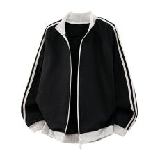 批发黑色三条杠条纹开衫<b class='q'>卫衣</b><b class='q'>男</b>女秋季情侣正肩<b class='q'>外套</b>美式复古运动棒球服