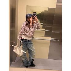 批发破洞猫须豹纹补丁拼接 春秋复古牛仔男女潮牌宽松微锥形长裤