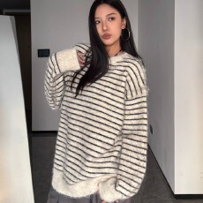 批发秋冬复古季慵懒撞色条纹软糯毛衣男女中性潮牌百搭圆领<b class='q'>情侣</b><b class='q'>针织衫</b>