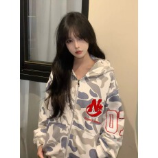 批发美式复古迷彩刺绣连帽<b class='q'>开衫</b><b class='q'>卫衣</b>女大童2026新款宽松慵懒风上衣外套
