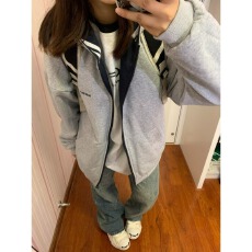 批发双面穿上上签条纹拼接连帽外套男女<b class='q'>春</b>秋宽松学生少年感飞行员夹克