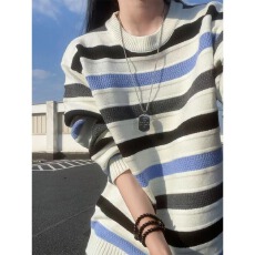 批发韩系慵懒撞色条纹毛衣男女同款秋冬套头内搭针织衫宽松<b class='q'>青少年</b>外套