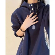 批发美式撞色排扣连帽加绒卫衣女款秋冬加厚重磅套头外套<b class='q'>情侣</b><b class='q'>内</b>搭上衣
