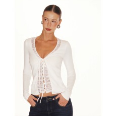 PynkiSwear 灰/白色假两件V领拼蕾丝系带开衫针织T恤纯欲镂空上衣