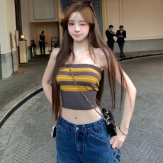批发XUAN璇璇小蜜蜂Jennie张元英同款时尚经典<b class='q'>条纹</b>抹胸新款上衣