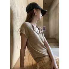 批发Hellooo Eat 通勤百搭天丝亚麻短袖杂纱夏季显瘦v领针织t恤上衣女