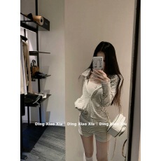 批发韩系休闲运动套装女夏季慵懒修身长袖条纹<b class='q'>上衣</b>开衫包臀短裤两件套