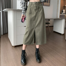 批发绿色开叉牛仔半身裙女2025夏季新款高腰宽松休闲显瘦a字包臀裙子