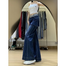 批发美式假两件牛仔裙裤女2025夏季薄款垂感显瘦微喇裤直筒<b class='q'>拖地</b>长裤子