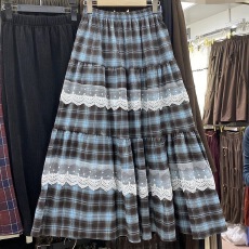 批发2025秋季新款甜美森系少女小<b class='q'>清新</b>蕾丝拼接设计蓝色格纹半身裙子女