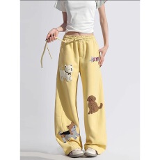 批发美式黄色小狗贴布刺绣弯刀裤女<b class='q'>中大</b><b class='q'>童</b>秋新款设计感宽松百搭阔腿裤