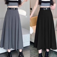 批发川高腰灰色百褶长裙女冬新款显瘦垂感a字中长款甜美<b class='q'>清新</b>