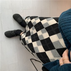 批发菱形加厚弹力针织毛线裙中长款秋冬格子半身裙女直筒包臀冬裙长裙