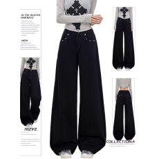 批发美式复古黑色铆钉阔腿牛仔裤女2025春秋高腰宽松休闲直筒<b class='q'>裤子</b>长裤