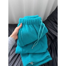 批发湖蓝色羊羔毛摇粒绒卫裤宽松阔腿休闲裤子男hiphop加厚保暖<b class='q'>运动裤</b>