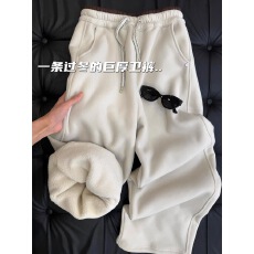 批发米白色加绒加厚抽绳卫裤女2025冬季慵懒风保暖直筒裤