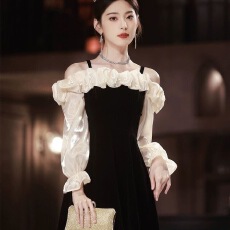 批发法式一字肩艺考成人礼主持人晚宴礼服<b class='q'>裙</b>女小众轻奢高端黑色连衣<b class='q'>裙</b>