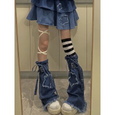 批发y2k蓝色辣妹水洗牛仔<b class='q'>腿</b>套女夏复古堆堆<b class='q'>袜</b>抽绳设计感绑带中筒袜套