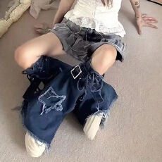 批发复古堆堆<b class='q'>袜</b>抽绳设计感绑带中筒袜套y2k蓝色辣妹水洗牛仔<b class='q'>腿</b>套女夏