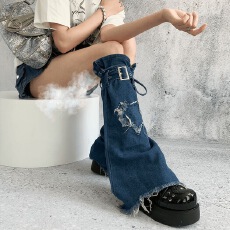 批发夜间教习室牛仔<b class='q'>腿</b>套y2k蓝色星星毛边辣妹绑带小腿袜子女秋款袜套