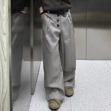 批发老钱风千鸟格排扣A字<b class='q'>西裤</b><b class='q'>男</b>女秋季美式高街裤子慵懒松弛感阔腿裤