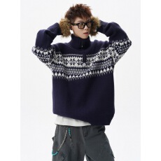 批发美式费尔岛半拉链高领毛衣<b class='q'>男</b>冬季潮牌百搭情侣<b class='q'>针织衫</b>宽松休闲外套