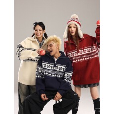 批发美式费尔岛半拉链领毛衣<b class='q'>男</b>女秋冬季宽松休闲情侣<b class='q'>针织衫</b>上衣外套潮