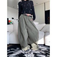 批发美式复古简约廓形拖地长裤男女宽松休闲水洗做旧阔腿工装牛仔裤潮