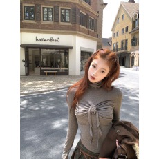 批发性感纯欲风高领<b class='q'>立体</b><b class='q'>花朵</b>长袖T恤女秋新款修身显瘦T恤褶皱辣妹<b class='q'>上衣</b>