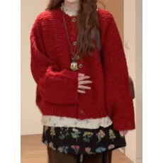 2025新款慵懒风圆领多纽扣针织开衫女秋冬新红色长袖毛衣外套百搭