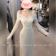 批发2025法式白色一字肩蕾丝<b class='q'>连衣</b>裙优雅气质蝴蝶结礼服<b class='q'>长裙</b>