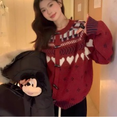 批发圣诞红色费尔岛提花高级感针织开衫女秋冬加厚减龄牛角扣毛衣外套
