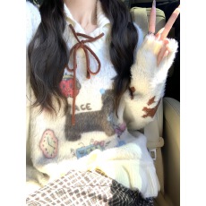 批发美式卡通小狗提花套头毛衣女秋冬季慵懒系带宽松polo领针织衫上衣
