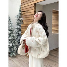 批发冬季新款甜美温柔风棉服女设计感蝴蝶结系带防寒保暖棉袄外套