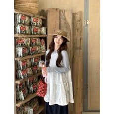 批发韩系甜美套装女春秋新款<b class='q'>蕾丝</b>背心连衣裙叠穿打底衫两件套气质减龄
