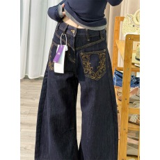 批发美式大码设计感<b class='q'>绣花</b>刺绣<b class='q'>牛仔裤</b>子女春季新款辣妹反穿原色拖地长裤