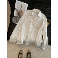 批发重工亮片刺绣白色设计感长袖衬衫上衣2025新款宽松时尚显瘦衬衣