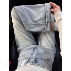 批发爆闪烫钻设计窄版阔腿牛仔裤女春季新款高腰宽松时尚显瘦直筒裤