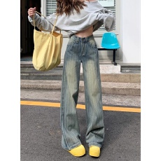 批发2026春季爆款复古蓝色阔腿牛仔裤女高腰显瘦宽松小个子垂感直筒裤