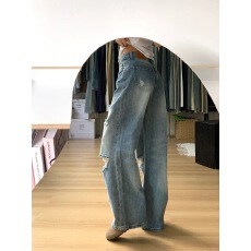 批发水洗破洞阔腿牛仔裤女春夏新款复古高腰宽松显瘦百搭直筒拖地裤子