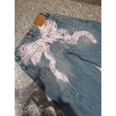 批发美式大码辣妹蝴蝶结印花牛仔裤子女春季新款高街设计感百搭拖地裤