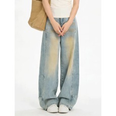 批发美式复古做旧水洗黄泥牛仔裤子女春季新款辣妹设计感口袋阔腿长裤