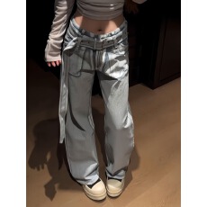 批发美式辣妹复古可调节腰带牛仔裤子女春季新款辣妹3D印花百搭拖地裤