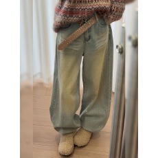 批发美式辣妹风做旧满天星烫钻牛仔裤子女早春新款复古时尚显瘦拖地裤