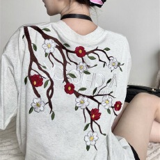 美式花卉国潮学院刺绣复古短袖夏季纯棉T恤宽松超火ins上衣