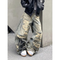 批发美式复古大码做旧破洞印花牛仔裤子女春季新款辣妹设计感拖地长裤