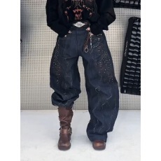 批发设计感祥云纹样印花牛仔裤子女春季新款美式辣妹重磅个性弯刀长裤