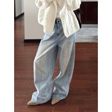 批发大码美式辣妹慵懒松弛感牛仔裤子女春季新款复古擦色脏脏拖地长裤