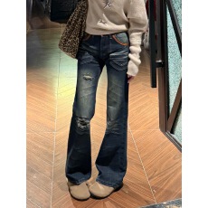 批发美式辣妹设计感重工低腰牛仔裤子女早春新款复古修身百搭拖地长裤